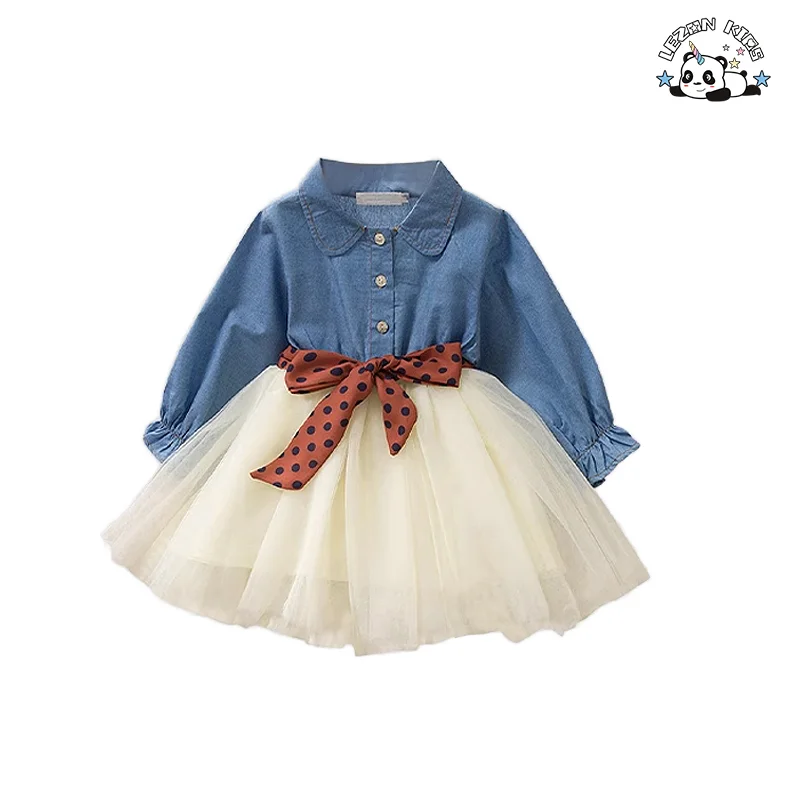 Denim Long Sleeve Peter Pan Collar Tulle Hem Girls Dresses Casual Girls Clothing Dresses for Kids Girls