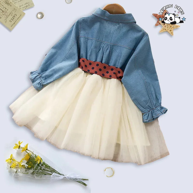 Denim Long Sleeve Peter Pan Collar Tulle Hem Girls Dresses Casual Girls Clothing Dresses for Kids Girls - Product Image