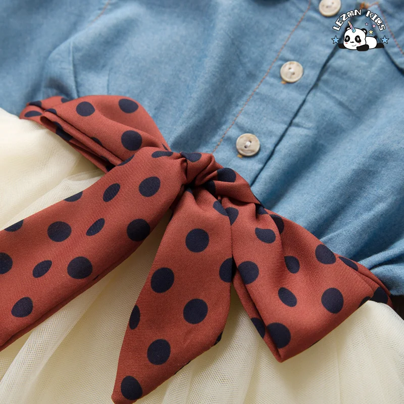 Denim Long Sleeve Peter Pan Collar Tulle Hem Girls Dresses Casual Girls Clothing Dresses for Kids Girls - Product Image