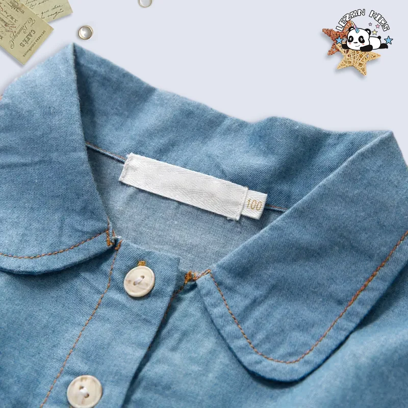 Denim Long Sleeve Peter Pan Collar Tulle Hem Girls Dresses Casual Girls Clothing Dresses for Kids Girls - Product Image