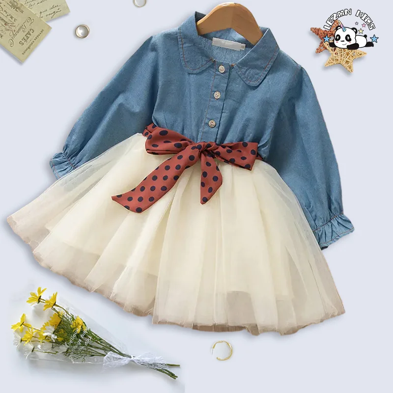 Denim Long Sleeve Peter Pan Collar Tulle Hem Girls Dresses Casual Girls Clothing Dresses for Kids Girls - Product Image