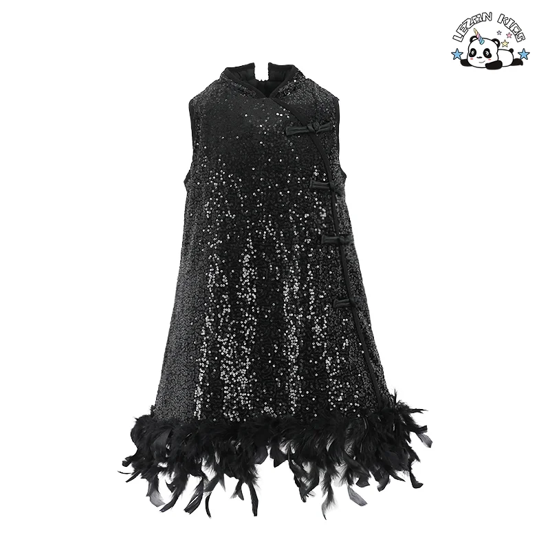 Designer Style Kids Sleeveless Dress Hem Feather Design Black Sequin Skirt  Party Girls Dresses