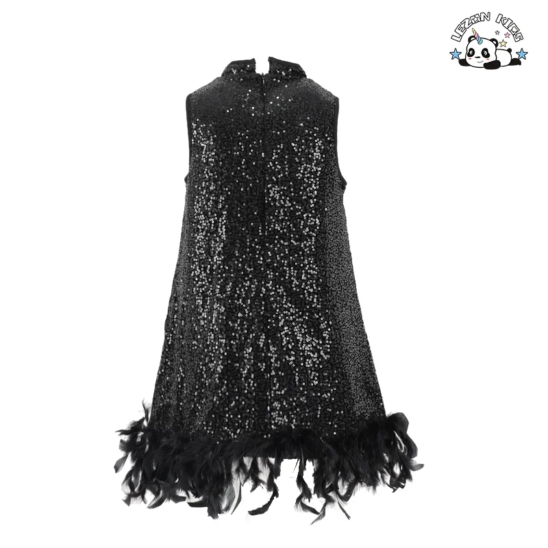 Designer Style Kids Sleeveless Dress Hem Feather Design Black Sequin Skirt Party Girls Dresses - Product Image