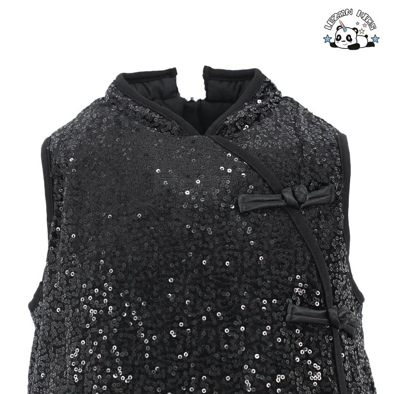Designer Style Kids Sleeveless Dress Hem Feather Design Black Sequin Skirt Party Girls Dresses - Product Image