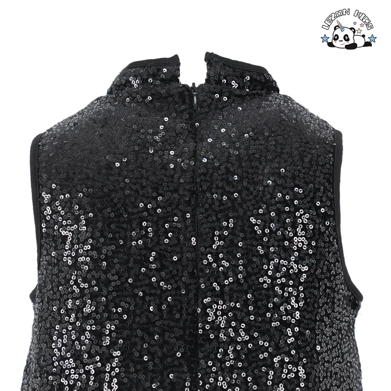 Designer Style Kids Sleeveless Dress Hem Feather Design Black Sequin Skirt Party Girls Dresses - Product Image