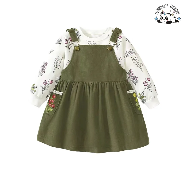 Conjuntos de Roupas para Meninas Vendidos Diretamente Doces Manga Longa Saia Estampada com Flores para Idades 14 Estilo Boutique Casual