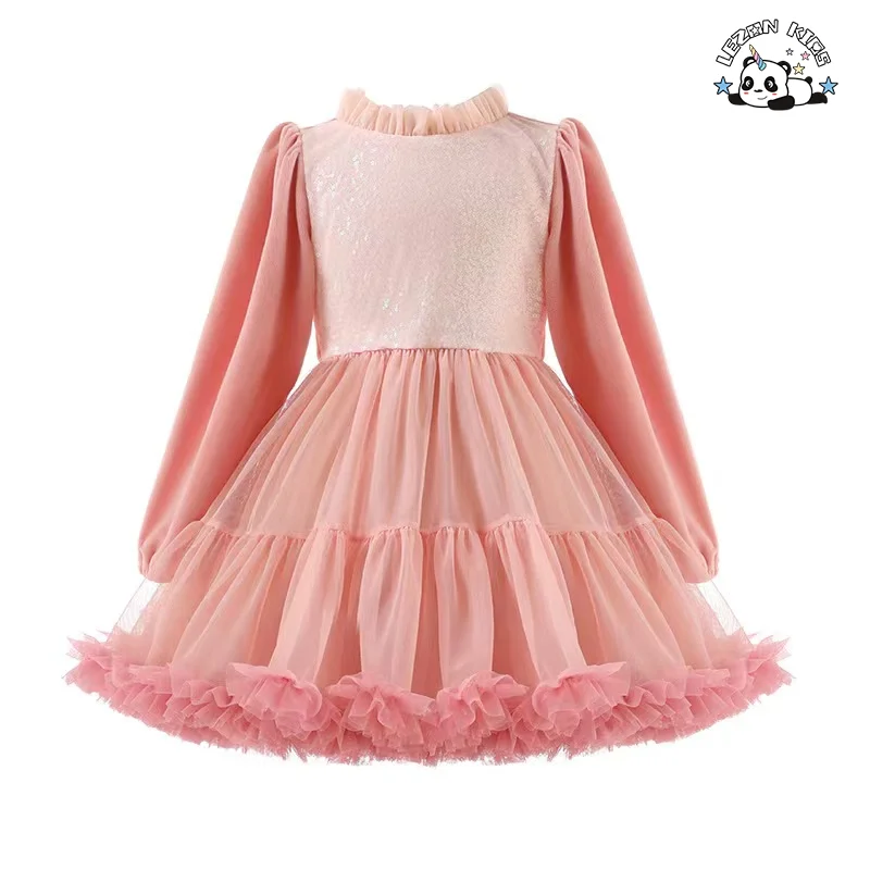 Elegant Washable Pink Dress Long Sleeve Tulle Dress for Girls