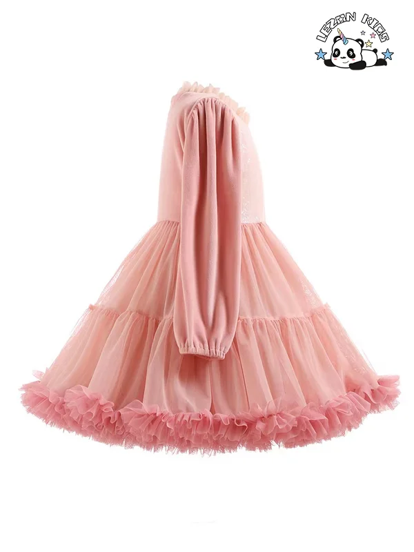 Elegant Washable Pink Dress Long Sleeve Tulle Dress for Girls - Product Image