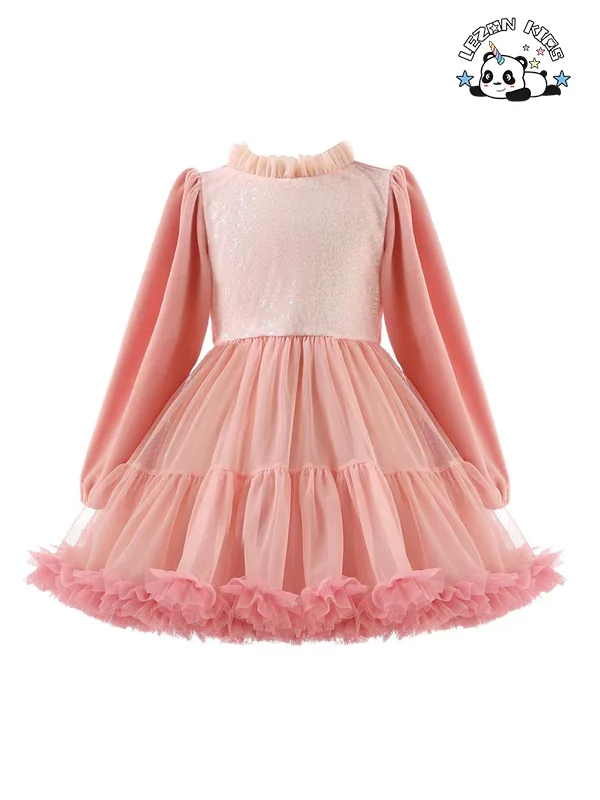 Elegant Washable Pink Dress Long Sleeve Tulle Dress for Girls - Product Image