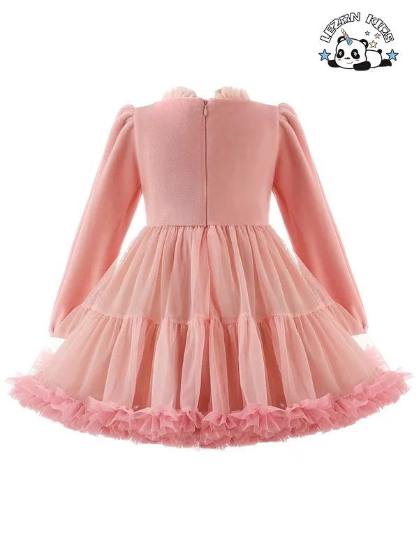Elegant Washable Pink Dress Long Sleeve Tulle Dress for Girls - Product Image