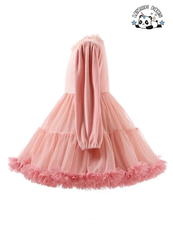 Elegant Washable Pink Dress Long Sleeve Tulle Dress for Girls - Product Image