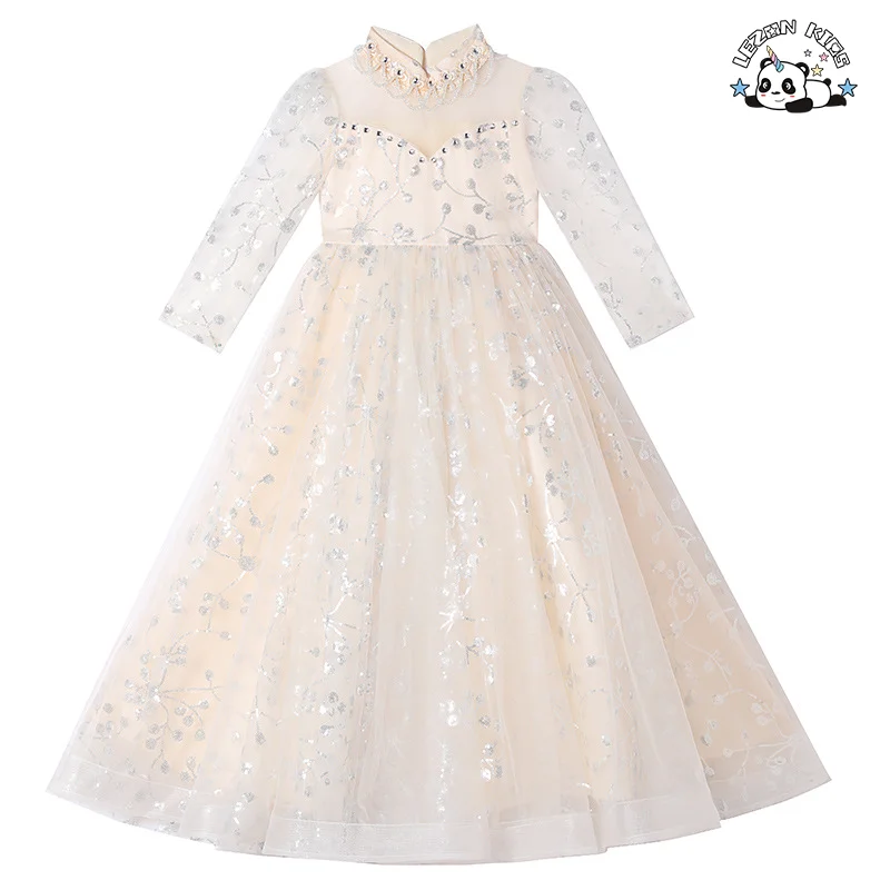 Elegant White Floral Mesh Three quarter Sleeves Girls Evening Dress Flower Girl Dress