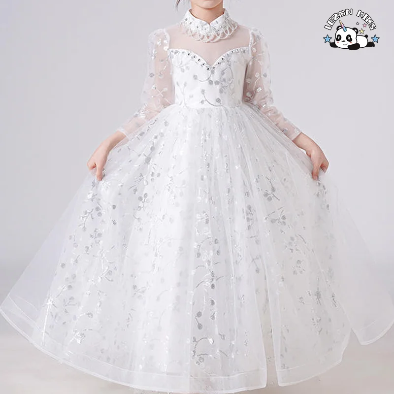 Elegant White Floral Mesh Three quarter Sleeves Girls Evening Dress Flower Girl Dress - Product Image