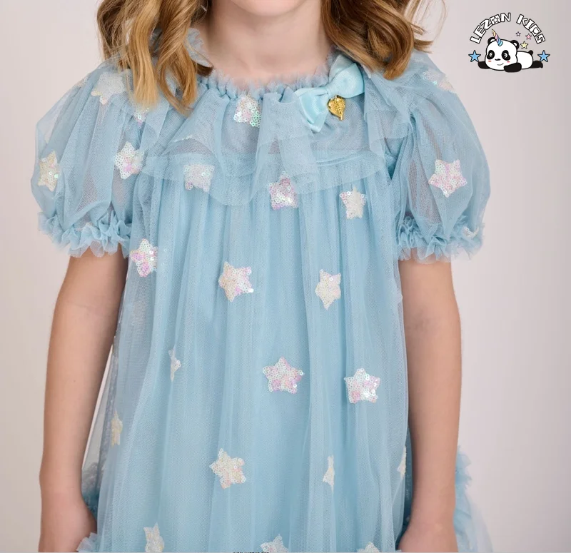 European Style Kids Star Foil Print Birthday Party Tulle Dress Children's Cake Skirt Dress - Product Image