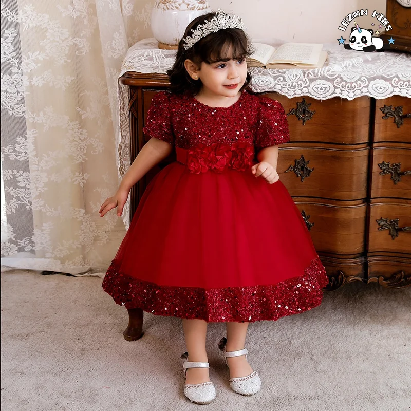 Vestido de festa europeu com lantejoulas para meninas de 10 anos, vestido de daminha de honra para casamento - Product Image