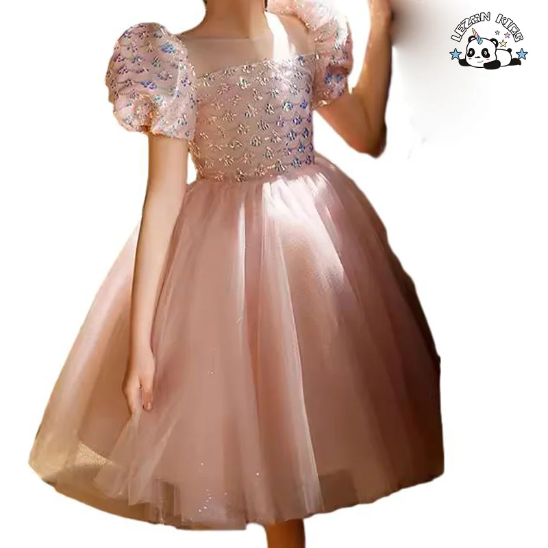Vestido de Tule com Lantejoulas e Personalização de Cor de Tecido para Meninas com Mangas Curtas e Bufantes