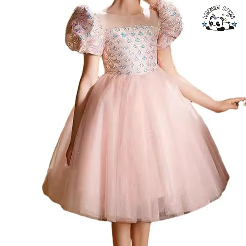 Vestido de Tule com Lantejoulas e Personalização de Cor de Tecido para Meninas com Mangas Curtas e Bufantes - Product Image