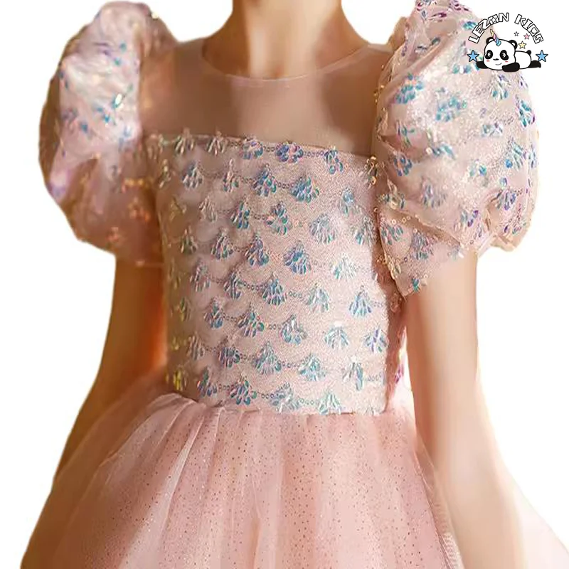Vestido de Tule com Lantejoulas e Personalização de Cor de Tecido para Meninas com Mangas Curtas e Bufantes - Product Image