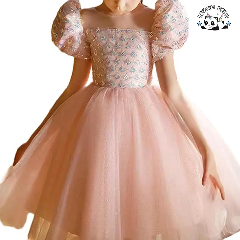 Vestido de Tule com Lantejoulas e Personalização de Cor de Tecido para Meninas com Mangas Curtas e Bufantes - Product Image