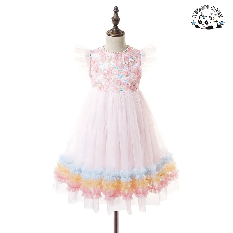 Factory Customized Kid Flared Sleeve Sweet Mesh Dress Girl Flower Dress for Birthday Wedding Party
