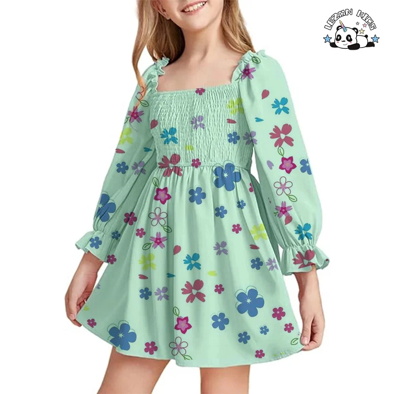 Factory Direct Price Long Sleeve Cute Flower Printing Children's Dress Dresses for Kids Girls - Product Image