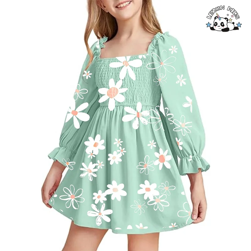 Factory Direct Price Long Sleeve Cute Flower Printing Children's Dress Dresses for Kids Girls - Product Image