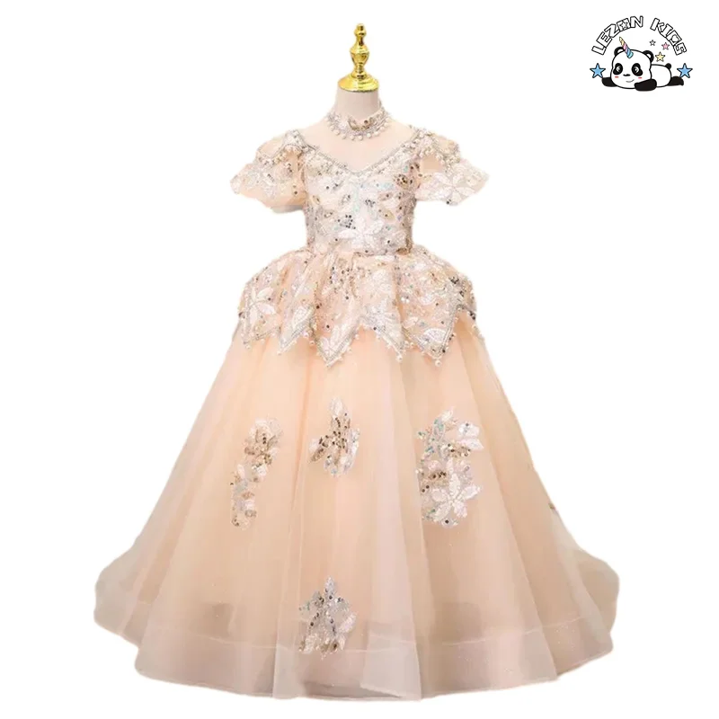 Factory Sale Kids Tulle Dress for Girls Sequined Beaded Embroidery Pearl Girl Dress Birthday Party Tulle Dress Ball Gown