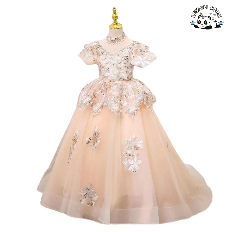 Factory Sale Kids Tulle Dress for Girls Sequined Beaded Embroidery Pearl Girl Dress Birthday Party Tulle Dress Ball Gown - Product Image