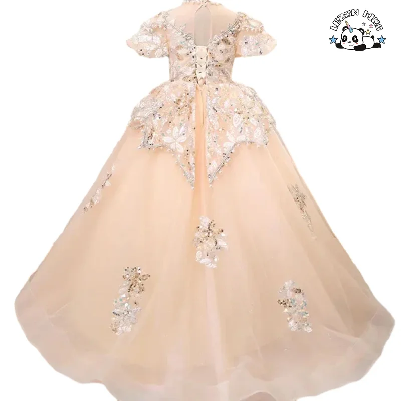 Factory Sale Kids Tulle Dress for Girls Sequined Beaded Embroidery Pearl Girl Dress Birthday Party Tulle Dress Ball Gown - Product Image