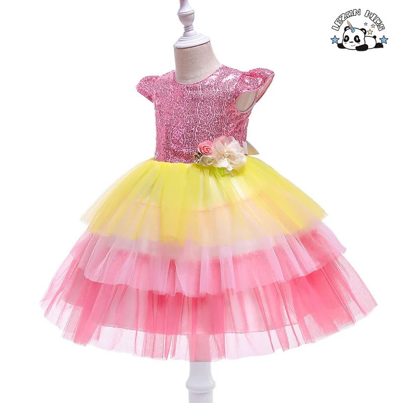 Fancy Piano Performance Poncho Dress Children's Dress Rainbow Jacquard Princess Dress
