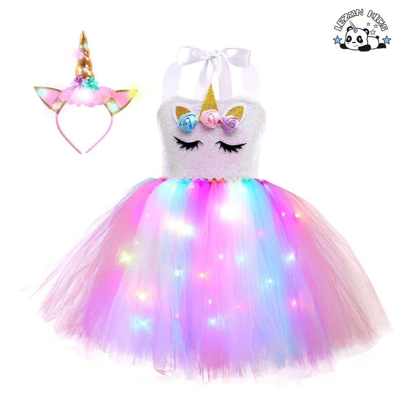 Vestido de festa Unicórnio 2023 para meninas com iluminação LED e faixa para a cabeça