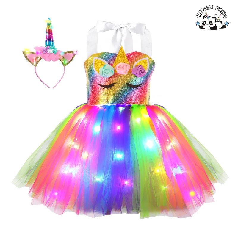 Fashion 2023 Unicorn Party dress Unicorn Princess Led Light Up Girls Dresses with Headband - Product Image