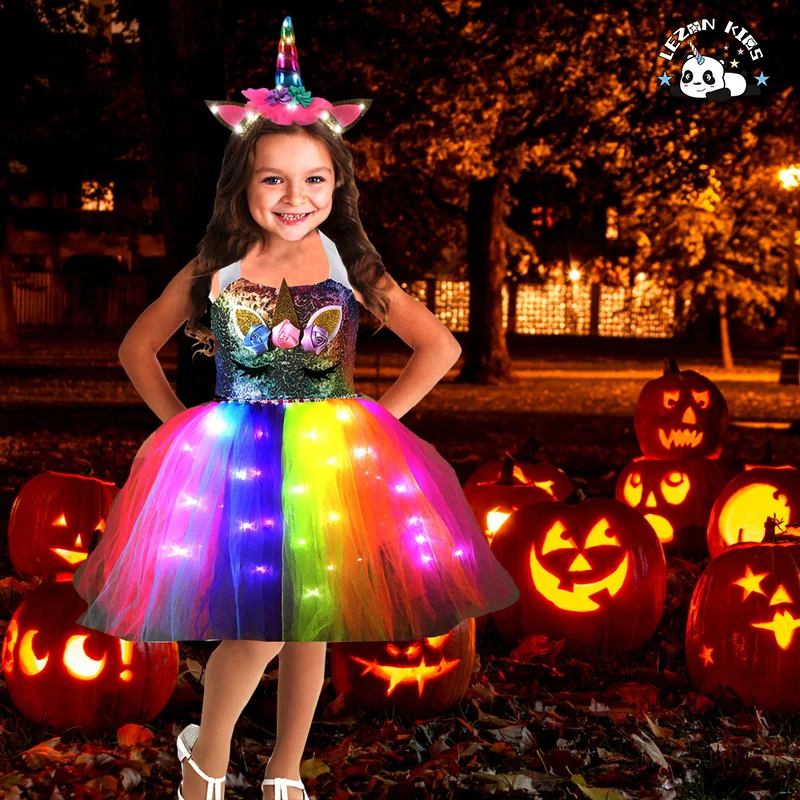 Fashion 2023 Unicorn Party dress Unicorn Princess Led Light Up Girls Dresses with Headband - Product Image