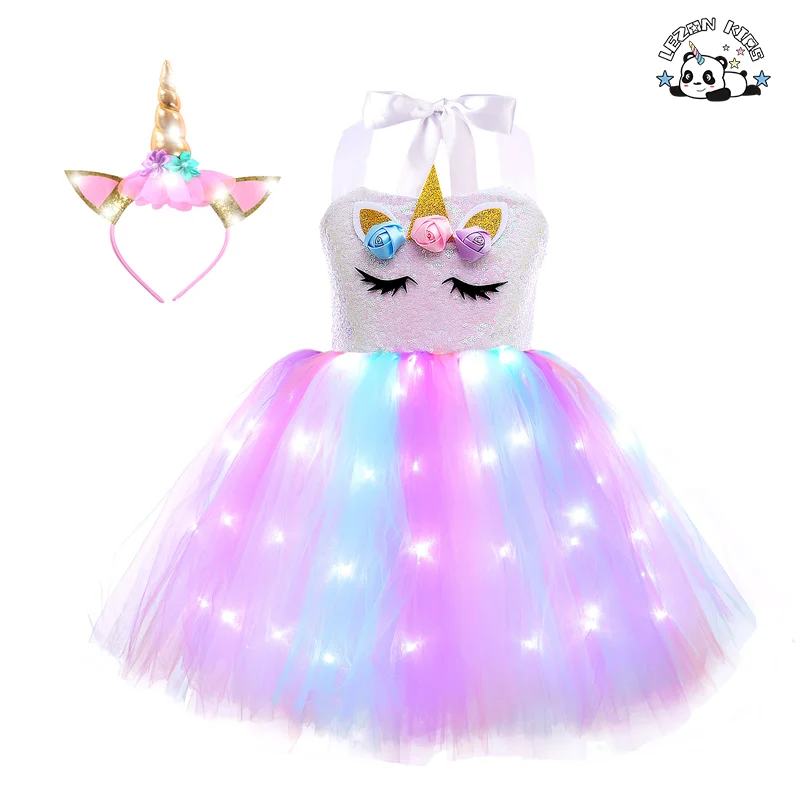 Fashion 2023 Unicorn Party dress Unicorn Princess Led Light Up Girls Dresses with Headband - Product Image