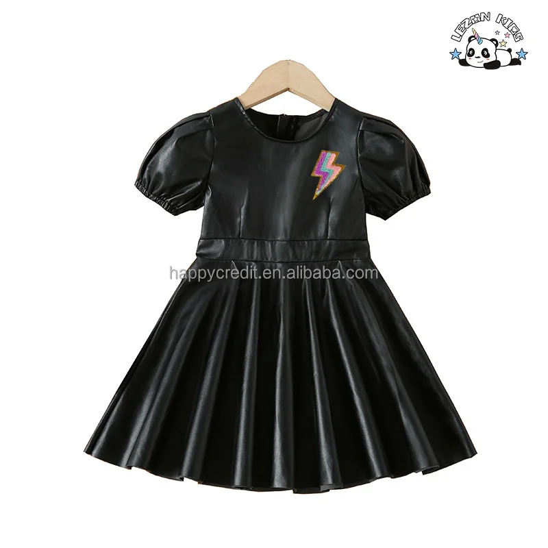 Fashion Custom Patch Black Ruffle Puff Sleeve Pleated Leather Dress Girls PU Dress for Summer