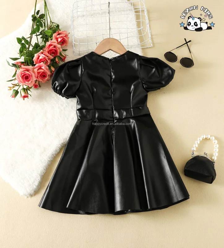 Fashion Custom Patch Black Ruffle Puff Sleeve Pleated Leather Dress Girls PU Dress for Summer - Product Image