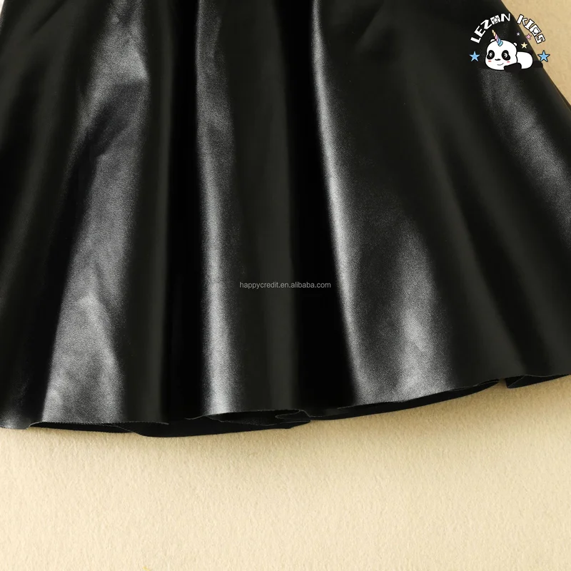 Fashion Custom Patch Black Ruffle Puff Sleeve Pleated Leather Dress Girls PU Dress for Summer - Product Image