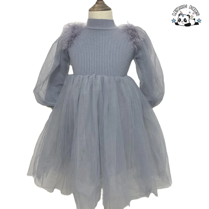 Fashion Girls Long Sleeve Winter Sweater Dress Sweater Kids Dress Winter Feather Mesh Dress for 2-14 Years