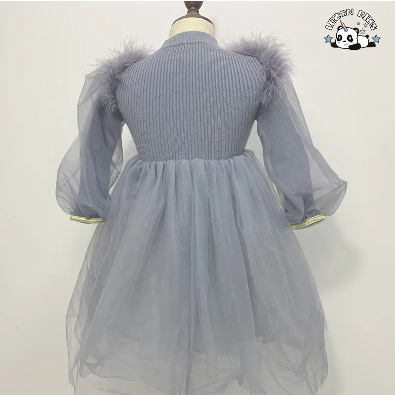 Fashion Girls Long Sleeve Winter Sweater Dress Sweater Kids Dress Winter Feather Mesh Dress for 2-14 Years - Product Image