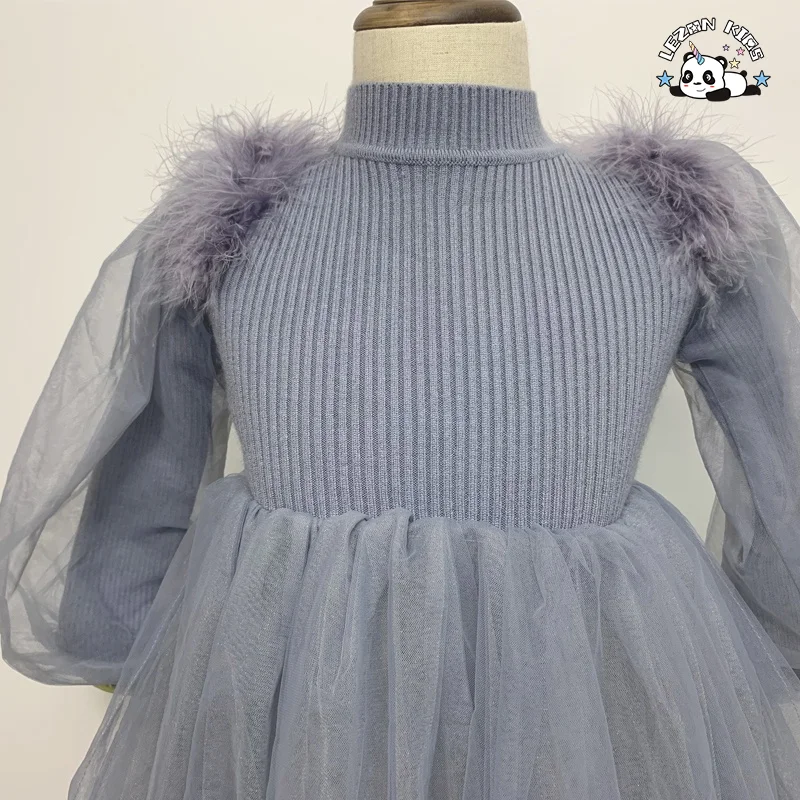 Fashion Girls Long Sleeve Winter Sweater Dress Sweater Kids Dress Winter Feather Mesh Dress for 2-14 Years - Product Image