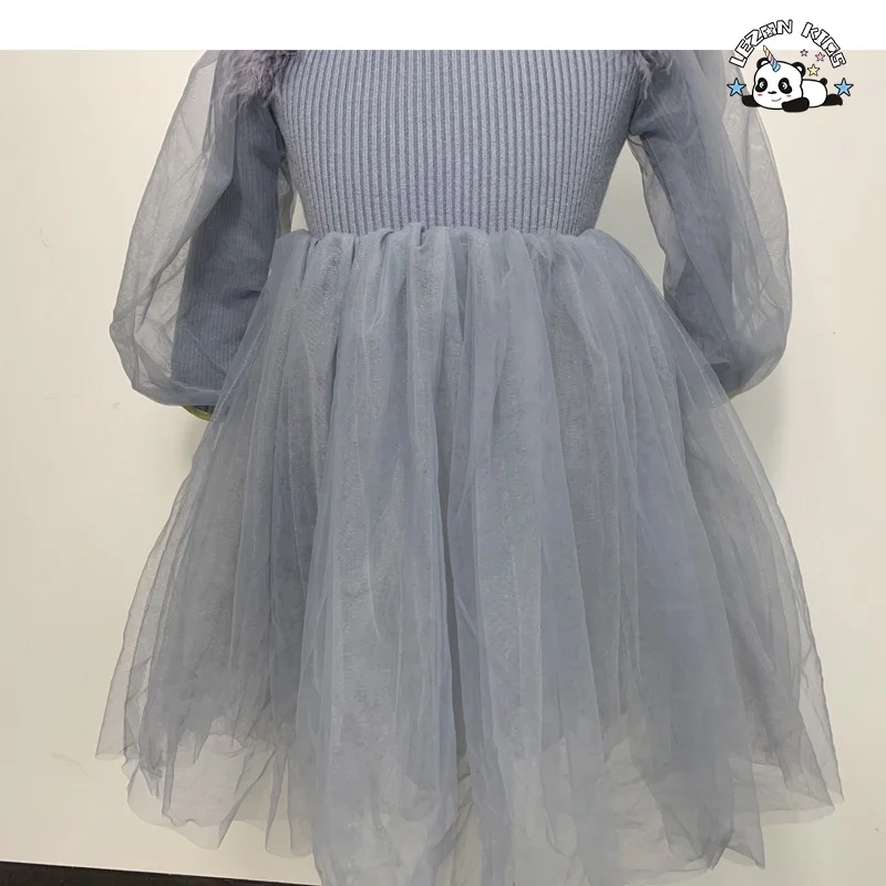 Fashion Girls Long Sleeve Winter Sweater Dress Sweater Kids Dress Winter Feather Mesh Dress for 2-14 Years - Product Image