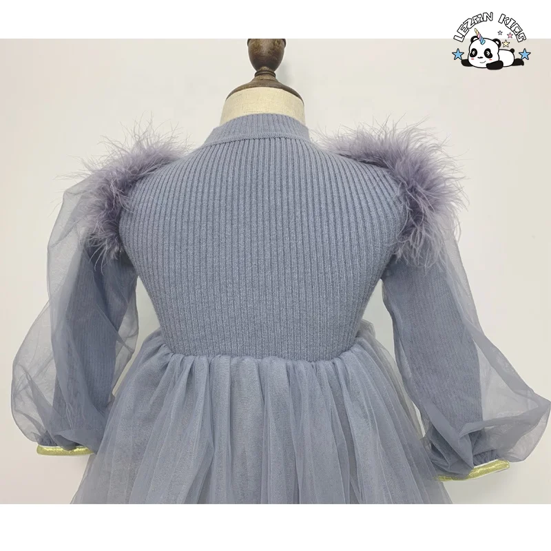 Fashion Girls Long Sleeve Winter Sweater Dress Sweater Kids Dress Winter Feather Mesh Dress for 2-14 Years - Product Image