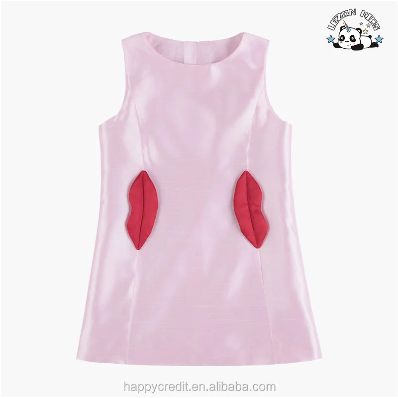 Vestido de seda rosa com decote redondo sem mangas e bolsos laterais para meninas de 3 anos