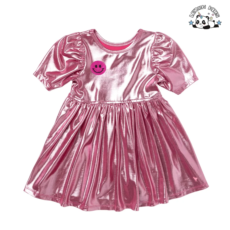 Fashion Style Metallic Dress Girls Cute Short Sleeve Kids Party Dress for Girls