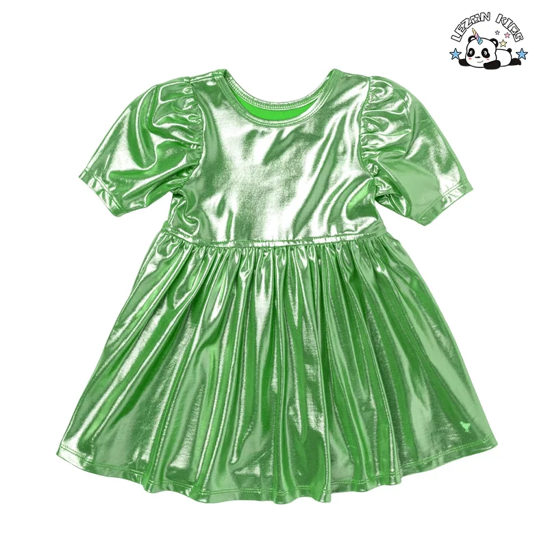Fashion Style Metallic Dress Girls Cute Short Sleeve Kids Party Dress for Girls - Product Image