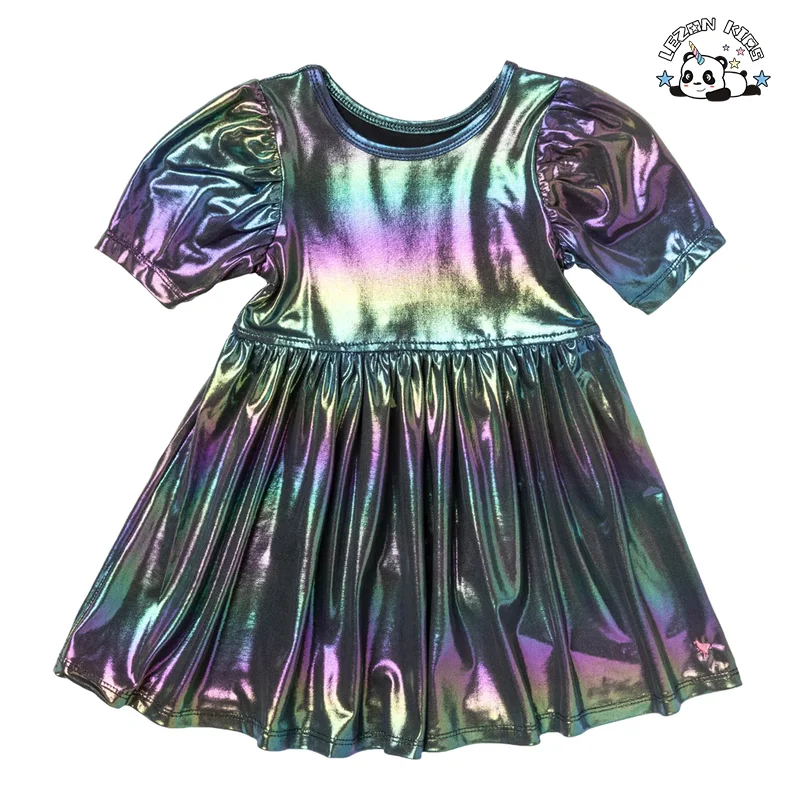 Fashion Style Metallic Dress Girls Cute Short Sleeve Kids Party Dress for Girls - Product Image