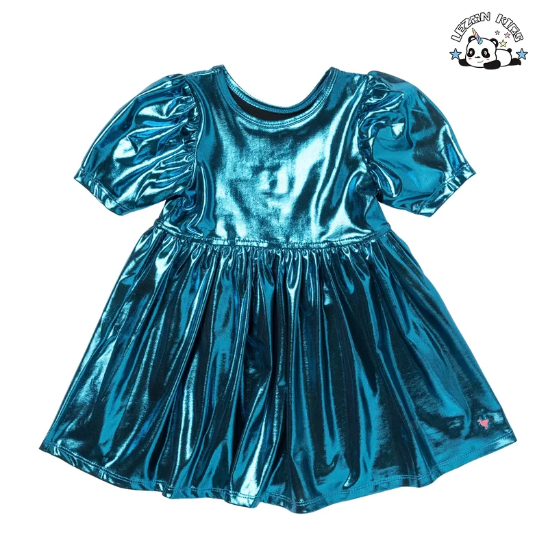 Fashion Style Metallic Dress Girls Cute Short Sleeve Kids Party Dress for Girls - Product Image