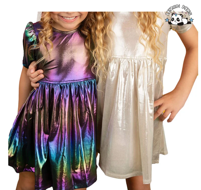 Fashion Style Metallic Dress Girls Cute Short Sleeve Kids Party Dress for Girls - Product Image