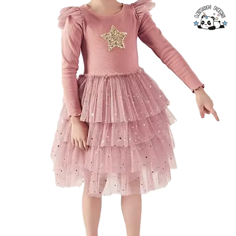 Vestido de Primavera com Renda e Pregas Moda Meninas Manga Longa Bolo de Aniversário para Festa