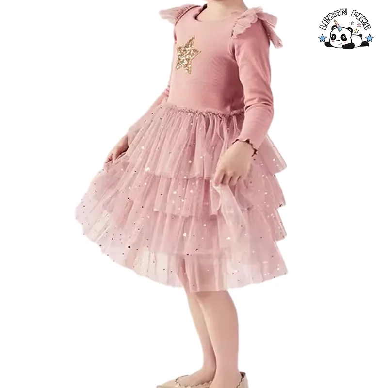 Vestido de Primavera com Renda e Pregas Moda Meninas Manga Longa Bolo de Aniversário para Festa - Product Image